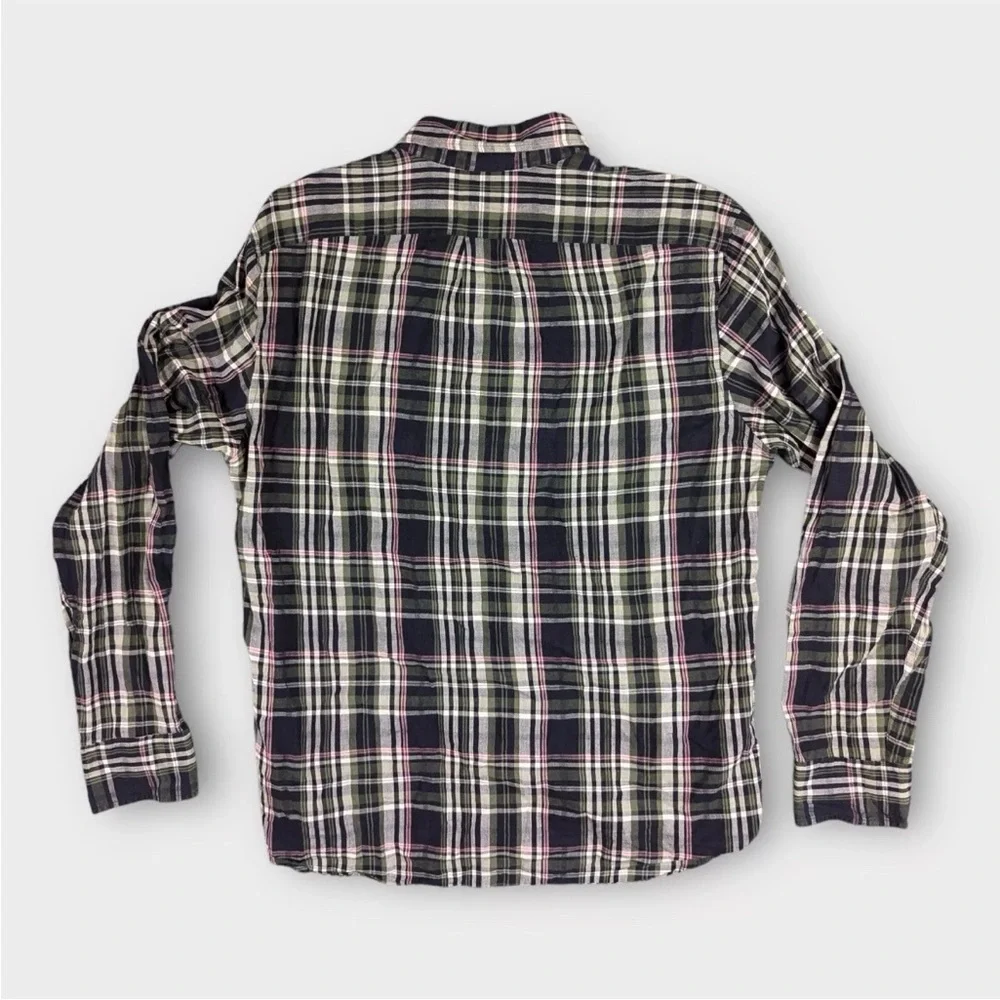 J. Crew Indian Madra Slim Fit Shirt Mens Large Green Blue Gray Plaid Pattern